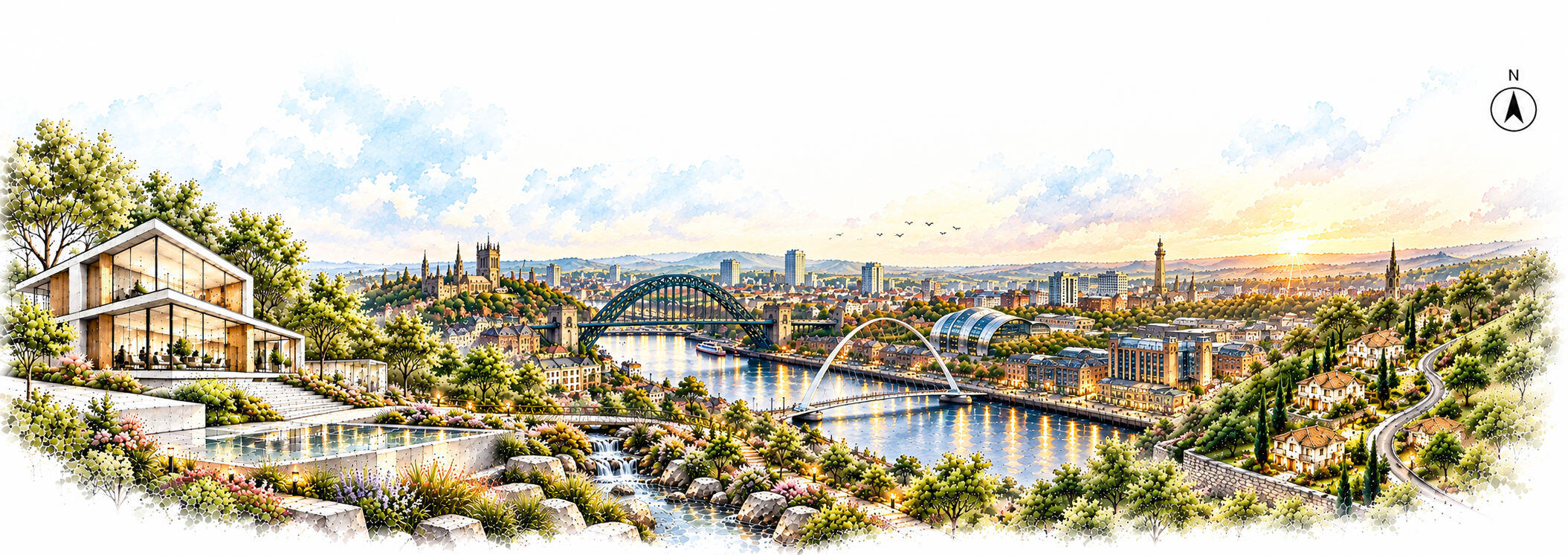 Newcastle upon Tyne & North East – Peter Angel Newcastle upon Tyne skyline featuring the Tyne Bridge and surrounding city architecture