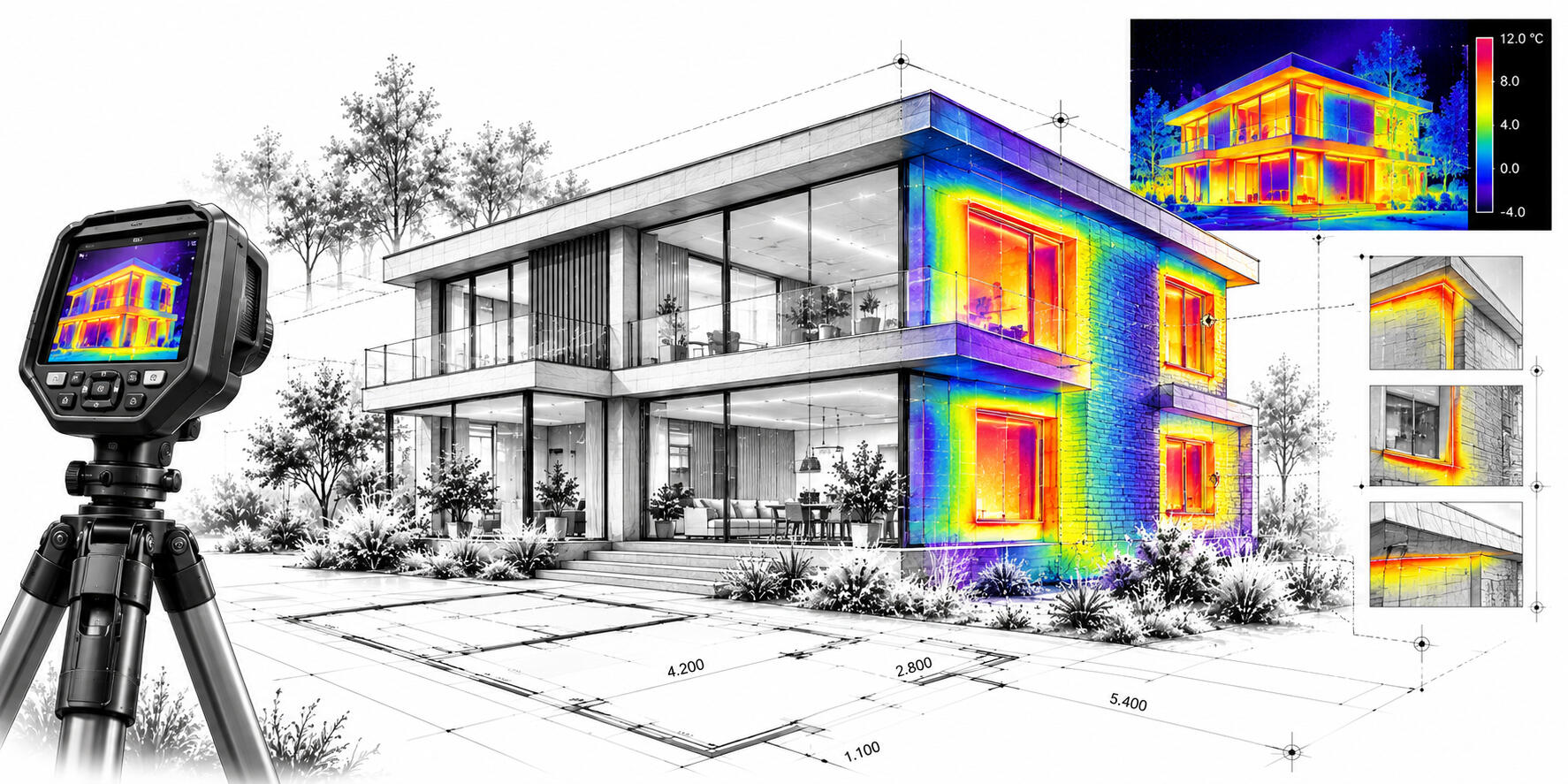 Thermal imaging survey showing heat patterns, insulation issues and building defects