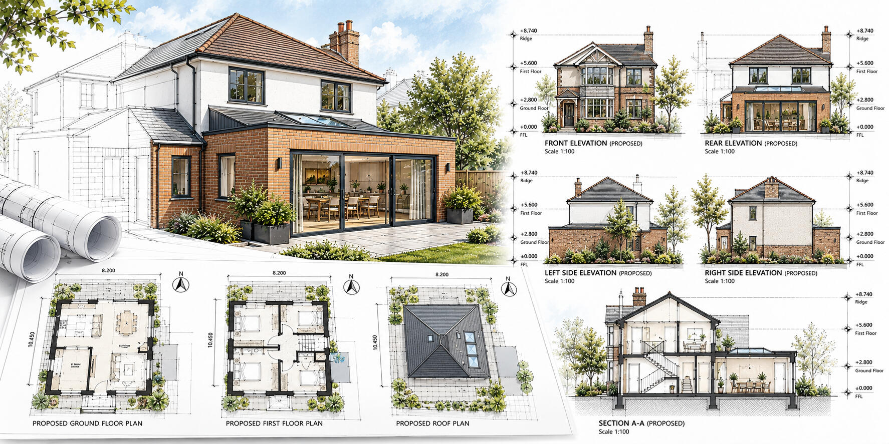 Planning Drawings – Peter Angel Architectural planning drawings for a residential extension including floor plans and elevations