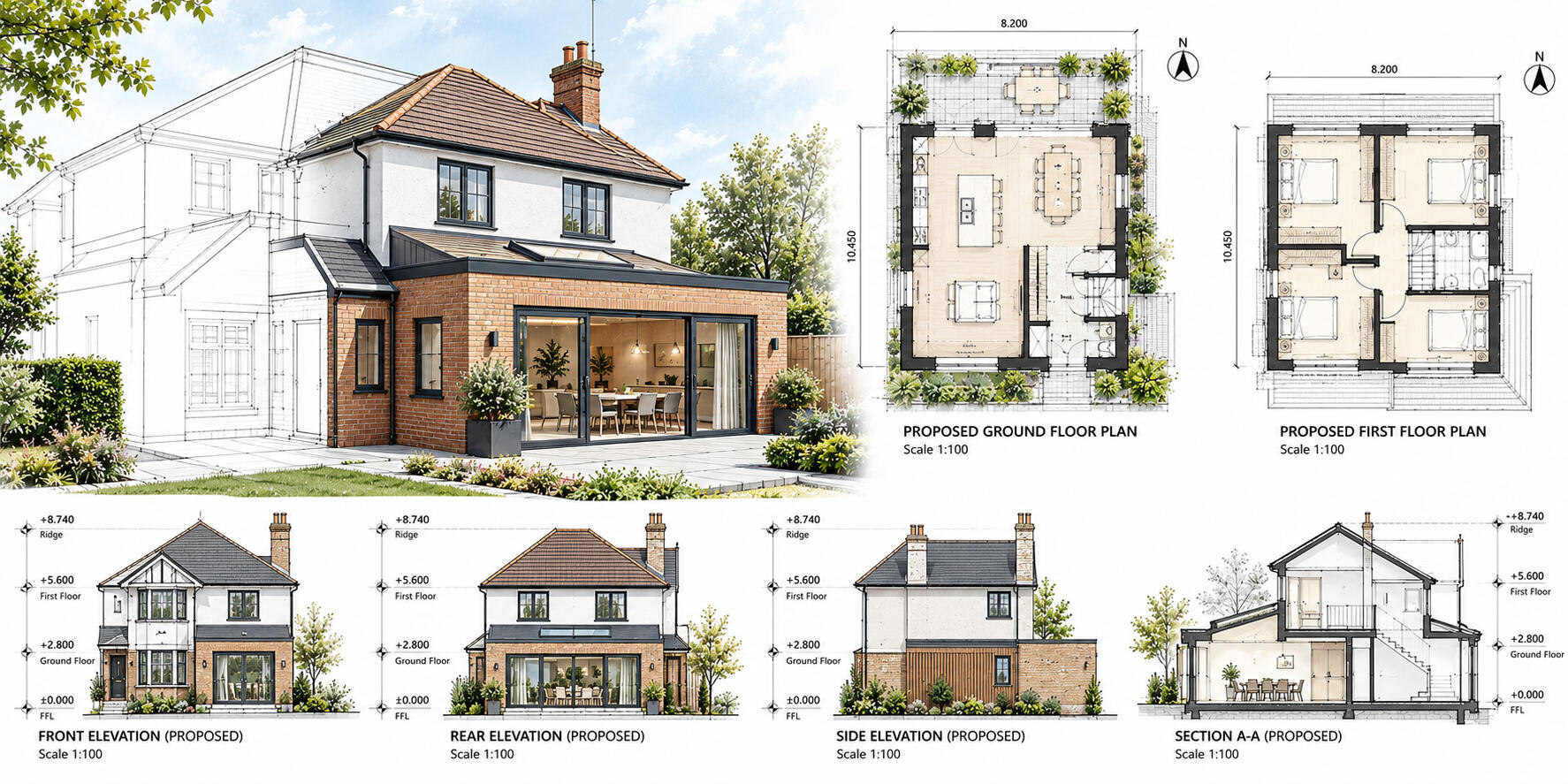 House Extensions – Peter Angel House extension survey and architectural drawings showing proposed plans, elevations and existing property