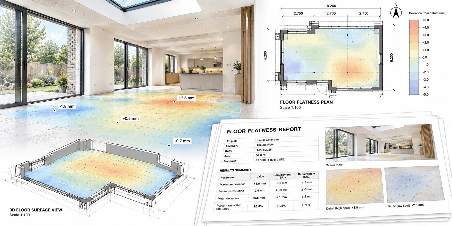 Floor Flatness Reports – Peter Angel Floor flatness survey showing measured floor levels, surface variations and inspection results