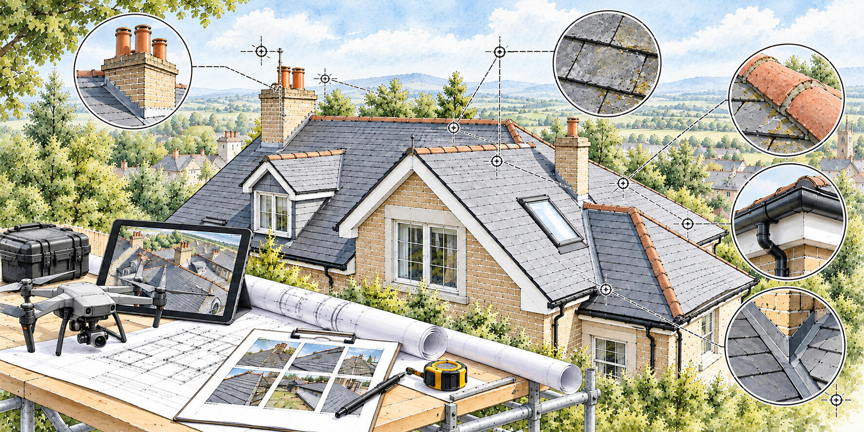 Roof inspection showing roof condition, defects, construction details and areas requiring attention
