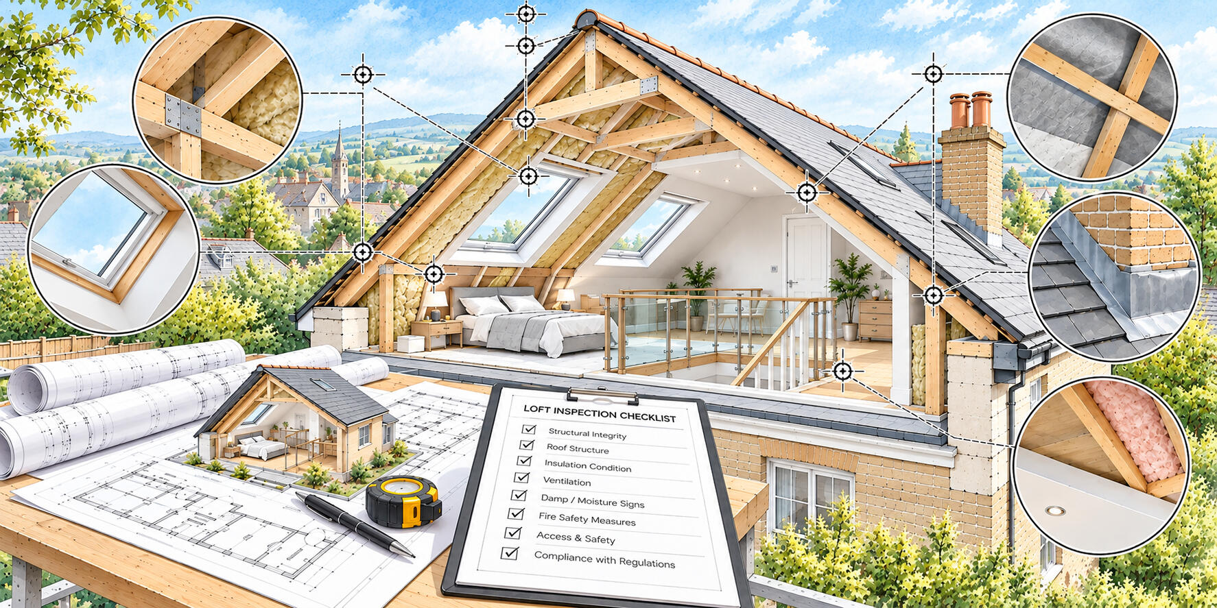 Loft inspection showing roof structure, insulation, ventilation and building condition