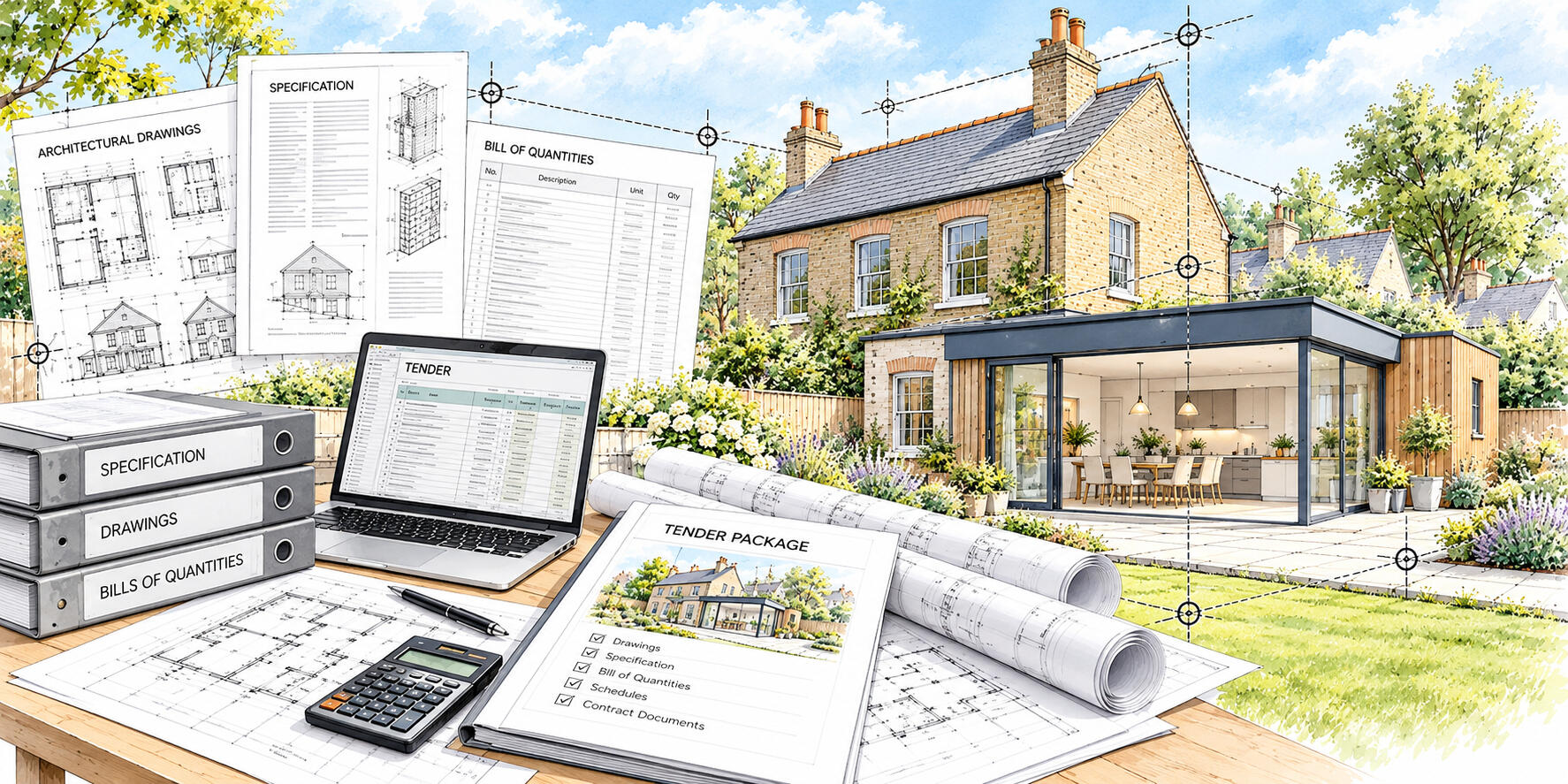 Construction tender package showing technical drawings, specifications and project documentation